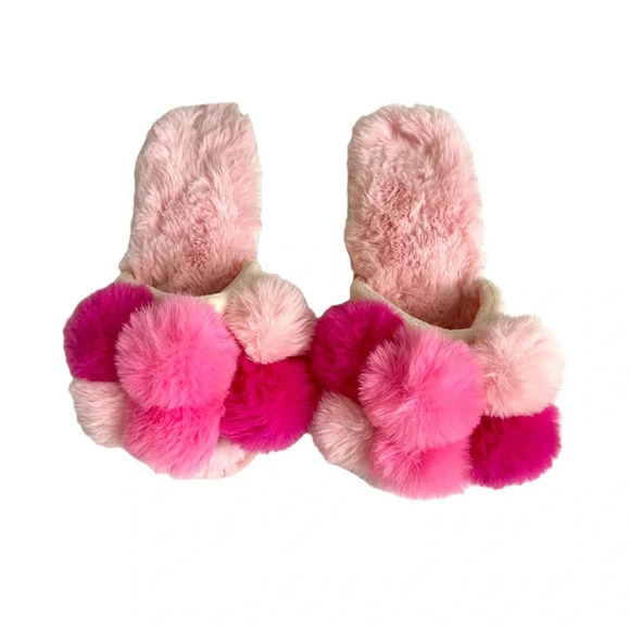 Shiraleah Carina Slippers Pink Pom Pom Slide‎ Slip-on Fuzzy Soft Hard Bottom 6-8 - Picture 3 of 9